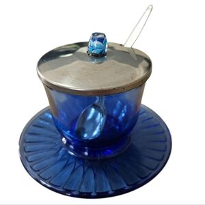 Vtg Cobalt Blue Depression Glass Condiment Cup with attached saucer, metal Spoon